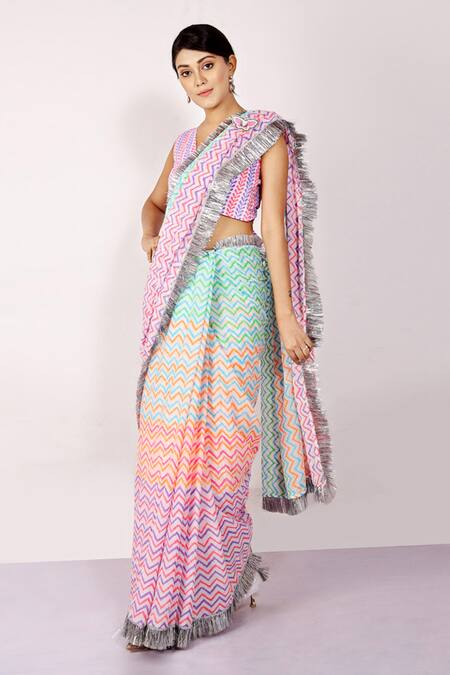Buy_Anita Kanwal_Multi Color Mulmul Printed Leheriya Saree _Online_at_Aza_Fashions