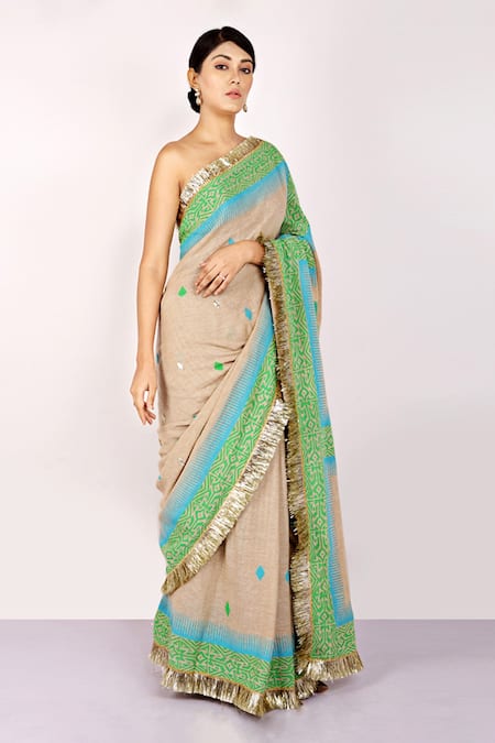Anita Kanwal_Green Handloom Jute Geometric, Owl Printed Saree _Online_at_Aza_Fashions