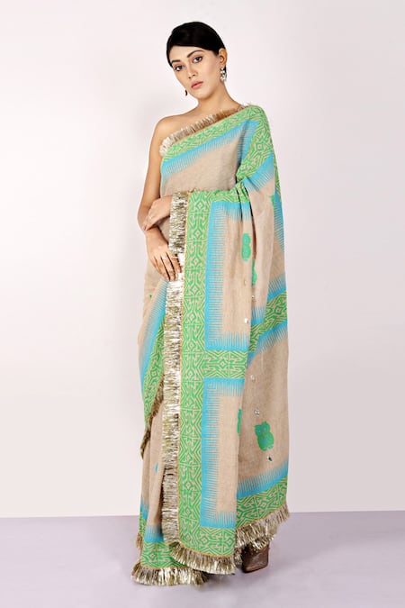 Buy_Anita Kanwal_Green Handloom Jute Geometric, Owl Printed Saree _Online_at_Aza_Fashions