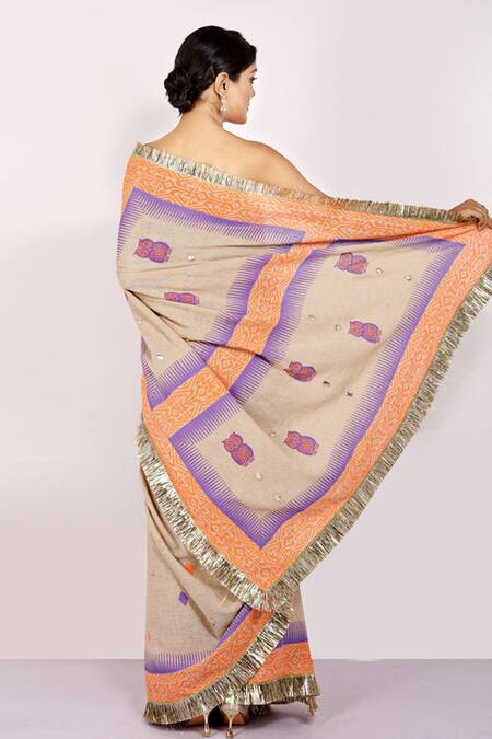 Shop_Anita Kanwal_Purple Handloom Jute Printed Geometric Saree _at_Aza_Fashions