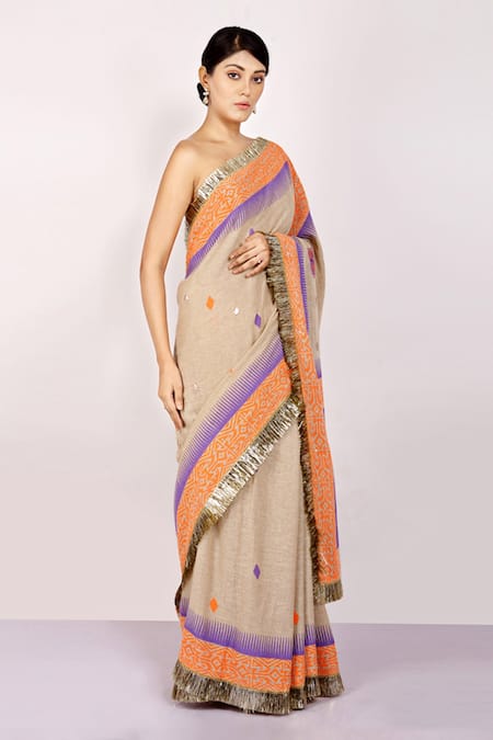 Anita Kanwal_Purple Handloom Jute Printed Geometric Saree _Online_at_Aza_Fashions