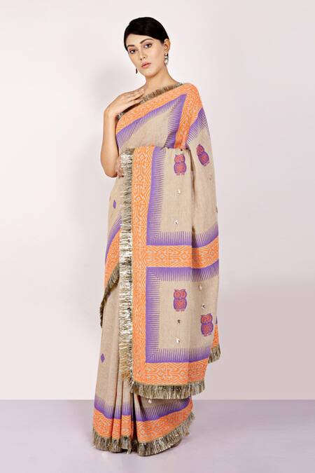 Buy_Anita Kanwal_Purple Handloom Jute Printed Geometric Saree _Online_at_Aza_Fashions