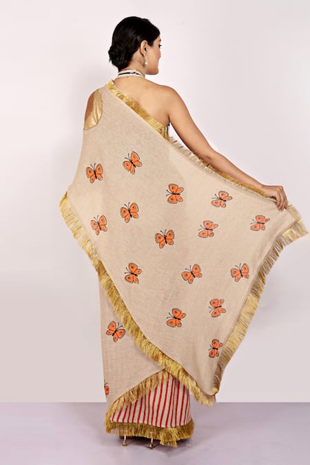 Shop_Anita Kanwal_Beige Handloom Jute Butterfly, Stripes Printed Saree _at_Aza_Fashions