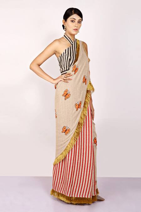 Anita Kanwal_Beige Handloom Jute Butterfly, Stripes Printed Saree _Online_at_Aza_Fashions