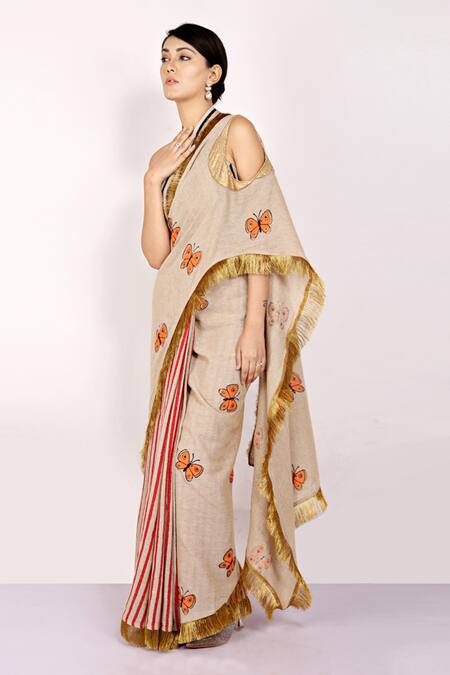 Buy_Anita Kanwal_Beige Handloom Jute Butterfly, Stripes Printed Saree _Online_at_Aza_Fashions