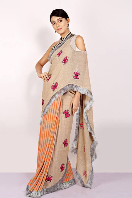 Buy_Anita Kanwal_Beige Handloom Jute Butterfly, Stripes Printed Saree _Online_at_Aza_Fashions