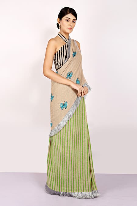 Anita Kanwal_Beige Handloom Jute Butterfly, Stripes Printed Saree _Online_at_Aza_Fashions
