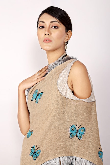 Shop_Anita Kanwal_Beige Handloom Jute Butterfly, Stripes Printed Saree _Online_at_Aza_Fashions