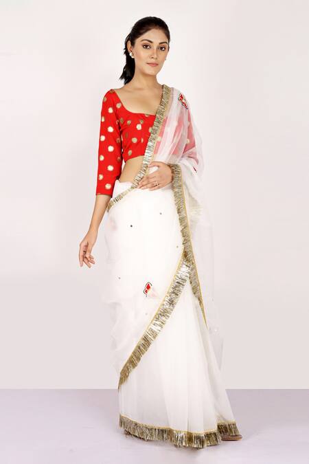 Anita Kanwal_White Poly-organza Butterfly, Polka Dot Embroidered Saree_Online_at_Aza_Fashions
