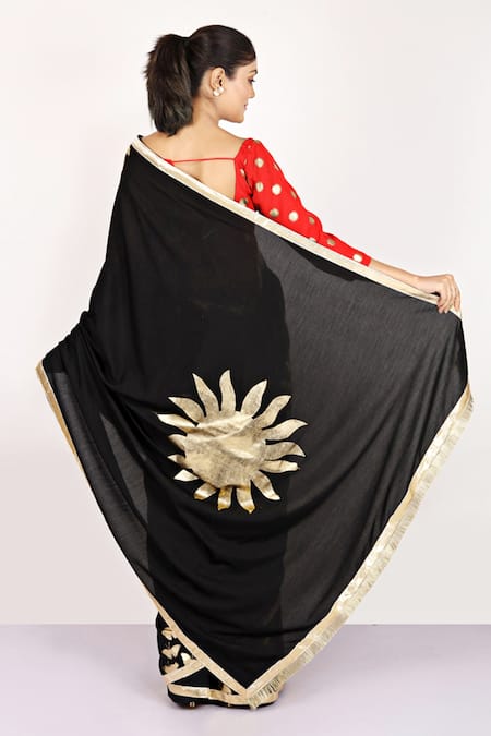 Shop_Anita Kanwal_Black Muslin Butterfly Foil Print Saree _at_Aza_Fashions
