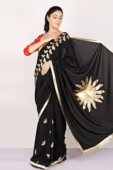 Anita Kanwal_Black Muslin Butterfly Foil Print Saree _Online_at_Aza_Fashions