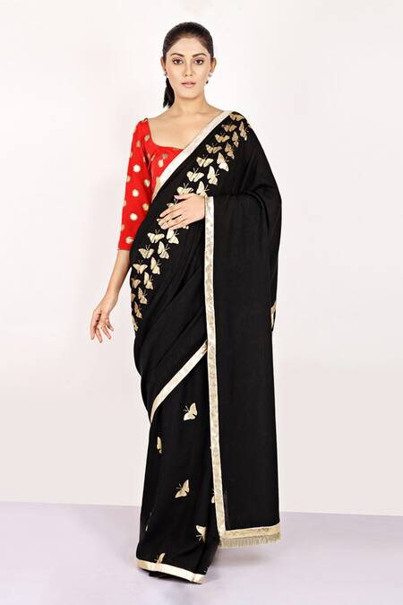 Buy_Anita Kanwal_Black Muslin Butterfly Foil Print Saree _Online_at_Aza_Fashions