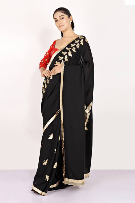 Shop_Anita Kanwal_Black Muslin Butterfly Foil Print Saree _Online_at_Aza_Fashions