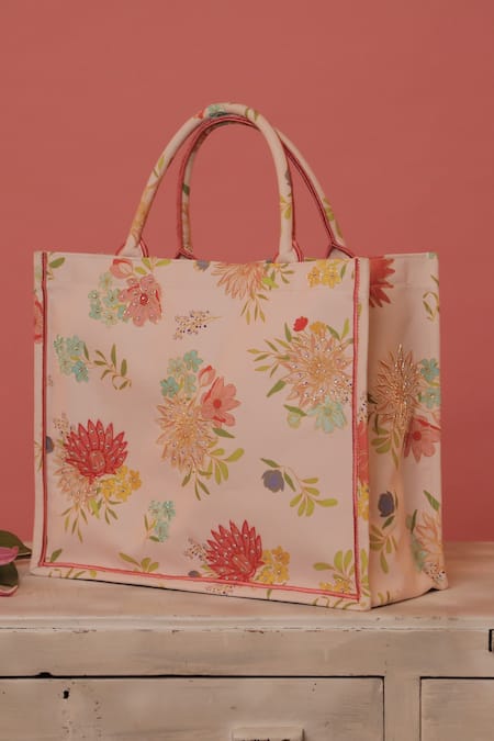 Shop Seams Pret And Couture Pink Floral Print Tote Bag at Aza Fashions Shop_Seams Pret And Couture_Pink Floral Print Tote Bag _at_Aza_Fashions
