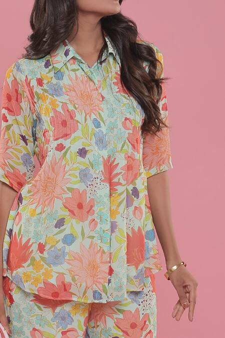 Seams Pret And Couture Green Georgette, Shantoon Floral Shirt Collar Blossom Printed And Pant Set Online at Aza Fashions Seams Pret And Couture_Green Georgette, Shantoon Floral Shirt Collar Blossom Printed And Pant Set _Online_at_Aza_Fashions