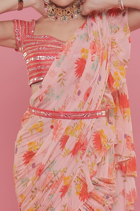 Seams Pret And Couture_Pink Crepe Printed Floral Sweetheart Neck Camelia Pre-draped Saree With Blouse _Online_at_Aza_Fashions