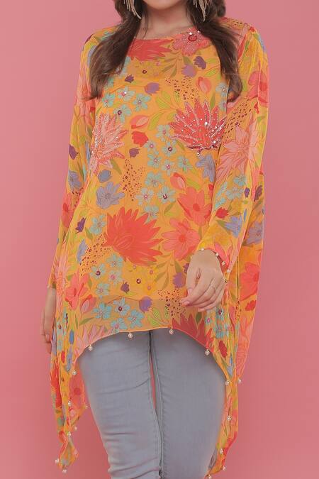 Seams Pret And Couture Yellow Georgette, Shantoon Floral, Sequin Round Daphne Print Tunic Online at Aza Fashions Seams Pret And Couture_Yellow Georgette, Shantoon Floral, Sequin Round Daphne Print Tunic _Online_at_Aza_Fashions