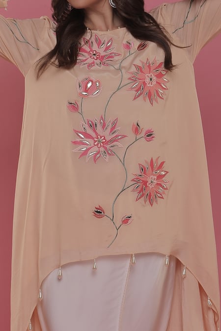 Seams Pret And Couture_Off White Crepe Embroidery Floral Round Emma Tunic And Dhoti Pant Set _Online_at_Aza_Fashions