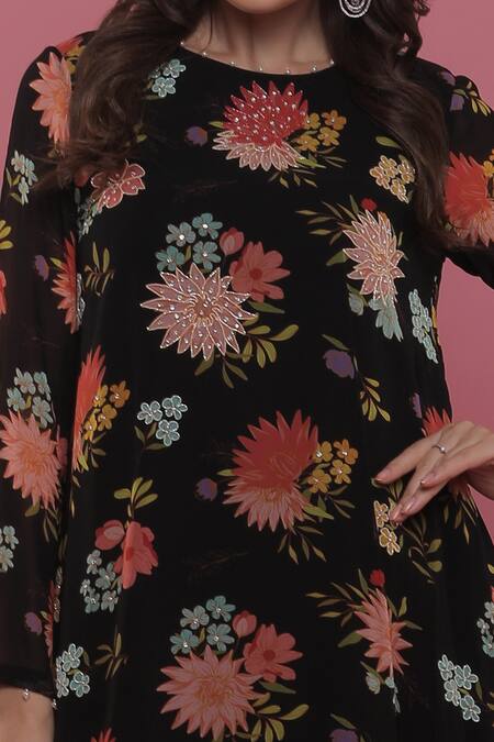 Seams Pret And Couture_Black Georgette, Shantoon, Grand Satin Hycinth Printed Tunic And Dhoti Pant Set _Online_at_Aza_Fashions