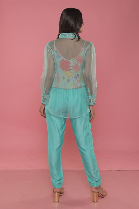 Shop Seams Pret And Couture Blue Silk, Organza, Crepe And Shantoon Floral Print Shirt Iris Sheer & Pant Set at Aza Fashions Shop_Seams Pret And Couture_Blue Silk, Organza, Crepe And Shantoon Floral Print Shirt Iris Sheer & Pant Set _at_Aza_Fashions