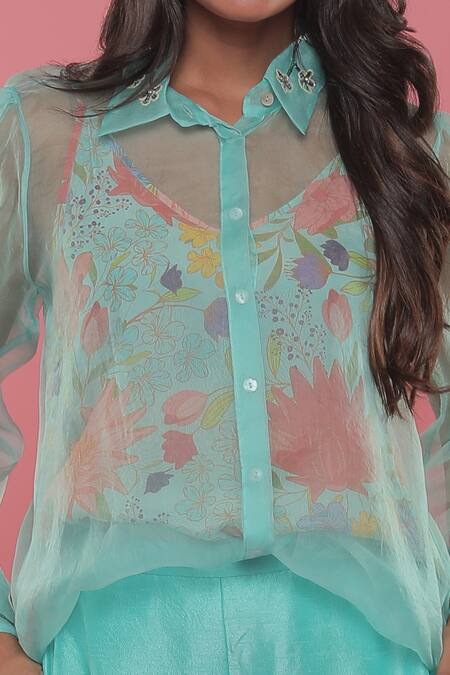 Seams Pret And Couture Blue Silk, Organza, Crepe And Shantoon Floral Print Shirt Iris Sheer & Pant Set Online at Aza Fashions Seams Pret And Couture_Blue Silk, Organza, Crepe And Shantoon Floral Print Shirt Iris Sheer & Pant Set _Online_at_Aza_Fashions