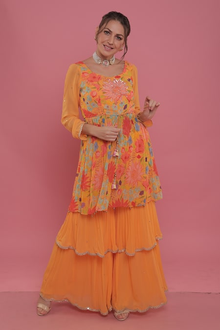 Seams Pret And Couture Yellow Georgette And Shantoon Embroidery & Jasmine Peplum Tunic & Sharara Set 