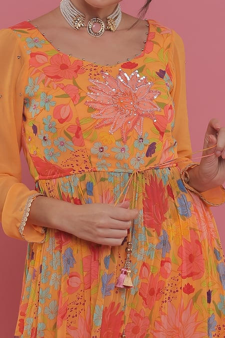 Seams Pret And Couture_Yellow Georgette And Shantoon Embroidery & Jasmine Peplum Tunic & Sharara Set _Online_at_Aza_Fashions