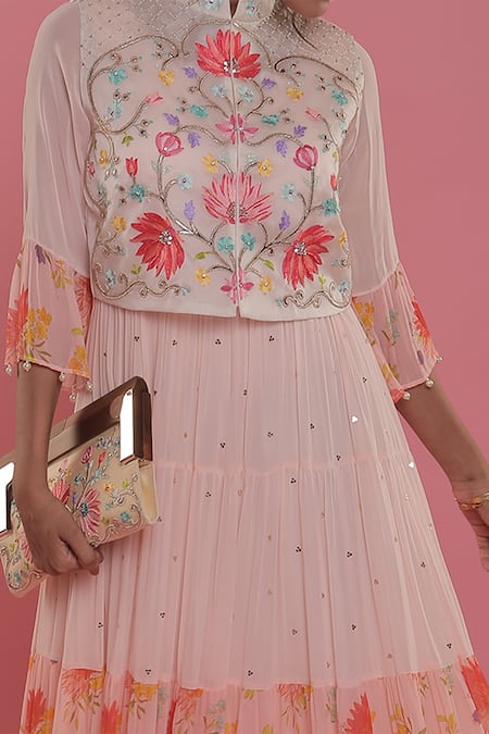 Seams Pret And Couture_Pink Georgette Embroidery And Print Sequin Band Lila Floral Anarkali With Jacket _Online_at_Aza_Fashions