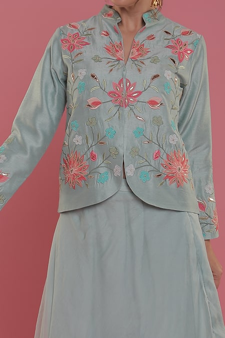 Seams Pret And Couture_Blue Silk, Organza And Shantoon Floral Motifs Band Magnolia Jacket & Lehenga Set _Online_at_Aza_Fashions