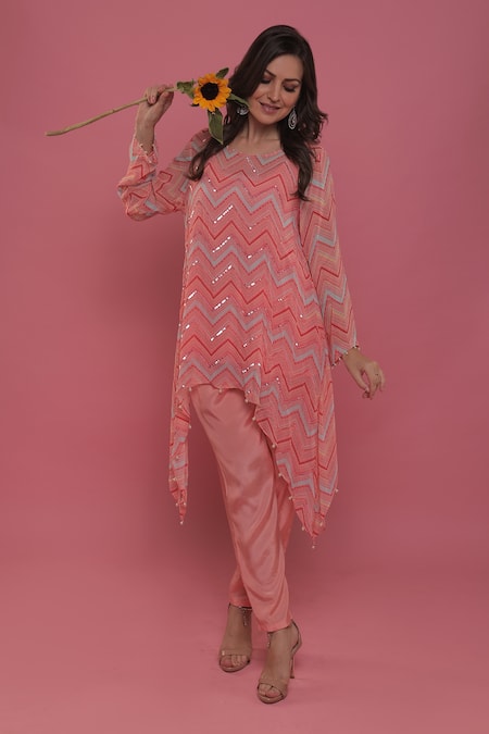 Seams Pret And Couture Pink Georgette And Shantoon Print & Embroidery Chevron Sandra Tunic & Pant Set 