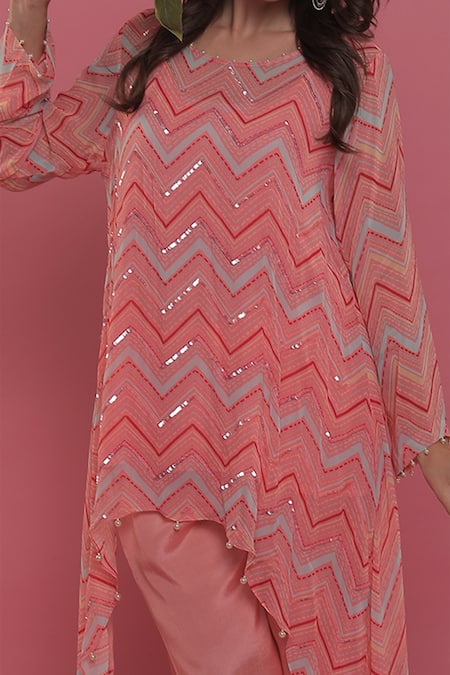 Seams Pret And Couture_Pink Georgette And Shantoon Print & Embroidery Chevron Sandra Tunic & Pant Set _Online_at_Aza_Fashions