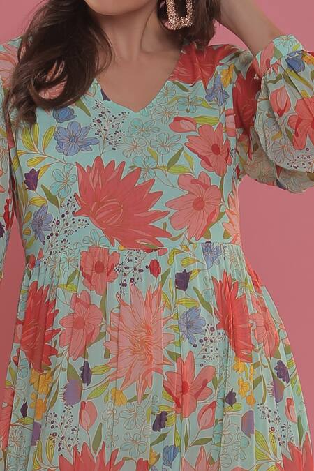 Seams Pret And Couture_Blue Georgette And Shantoon Floral Print V Neck Sneha Dress _Online_at_Aza_Fashions