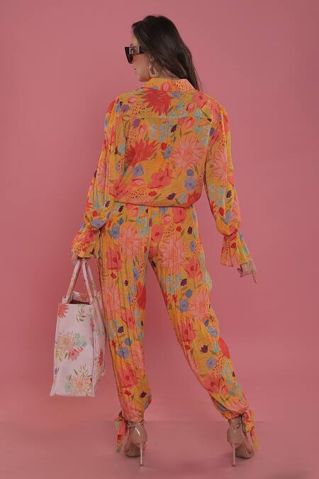 Shop Seams Pret And Couture Yellow Crepe And Shantoon Floral Print Spread Collar Zahra Shirt & Pant Set at Aza Fashions Shop_Seams Pret And Couture_Yellow Crepe And Shantoon Floral Print Spread Collar Zahra Shirt & Pant Set _at_Aza_Fashions