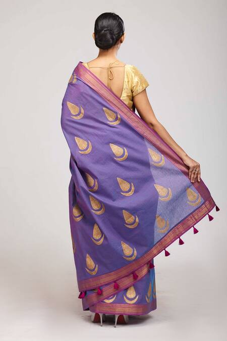 Shop_Anita Kanwal_Purple Cotton Printed Hand Block Saree_at_Aza_Fashions