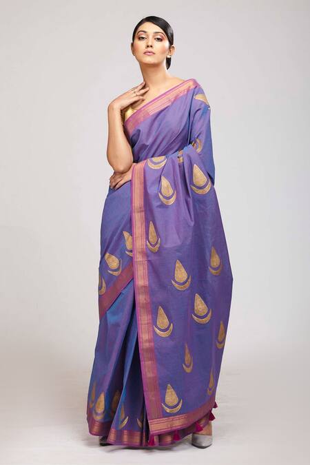 Anita Kanwal_Purple Cotton Printed Hand Block Saree_Online_at_Aza_Fashions