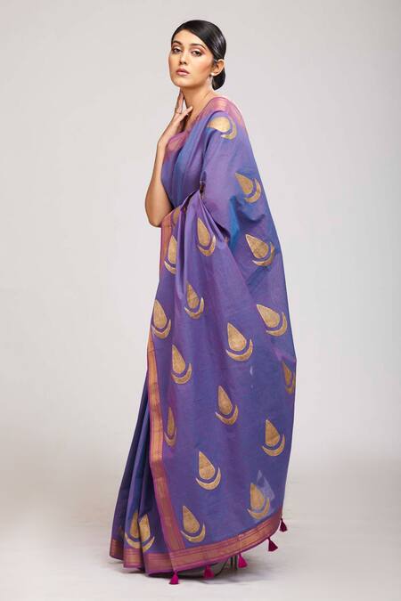 Buy_Anita Kanwal_Purple Cotton Printed Hand Block Saree_Online_at_Aza_Fashions
