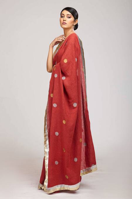 Buy_Anita Kanwal_Red Handloom Jute Polka Dot Print Saree _Online_at_Aza_Fashions