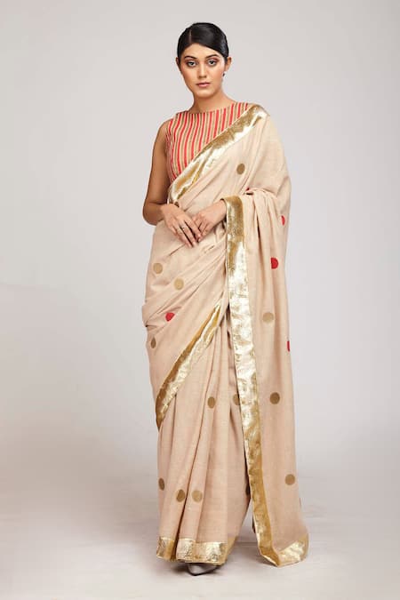 Anita Kanwal_Beige Handloom Jute Polka Dot Print Saree _Online_at_Aza_Fashions
