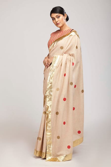 Shop_Anita Kanwal_Beige Handloom Jute Polka Dot Print Saree _Online_at_Aza_Fashions
