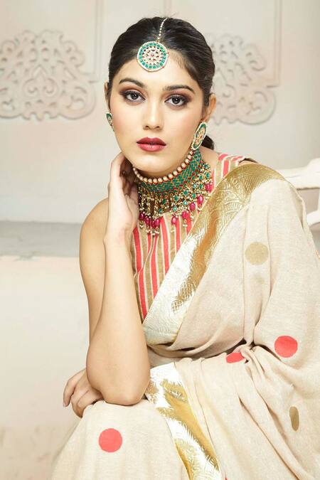 Anita Kanwal_Beige Handloom Jute Polka Dot Print Saree _at_Aza_Fashions