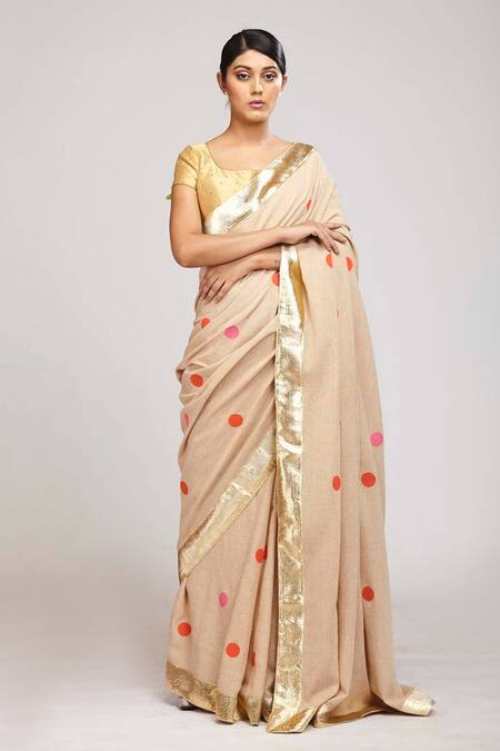 Anita Kanwal Beige Handloom Jute Polka Dot Print Saree Online at Aza Fashions Anita Kanwal_Beige Handloom Jute Polka Dot Print Saree _Online_at_Aza_Fashions