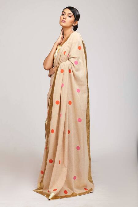 Buy Anita Kanwal Beige Handloom Jute Polka Dot Print Saree Online at Aza Fashions Buy_Anita Kanwal_Beige Handloom Jute Polka Dot Print Saree _Online_at_Aza_Fashions