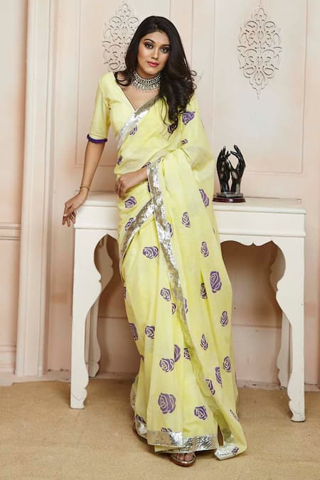 Anita Kanwal - Yellow Mulmul Cotton Printed Floral Saree For Women
