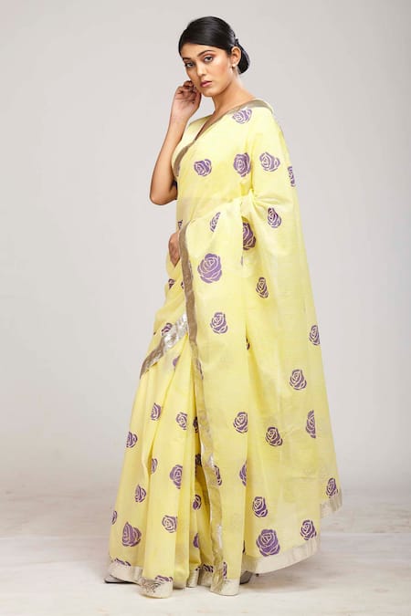 Shop_Anita Kanwal_Yellow Mulmul Cotton Printed Floral Saree _Online_at_Aza_Fashions