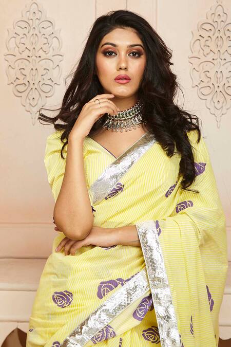 Buy Mulmul Cotton Yellow Saree For Women's And Girls Beautiful