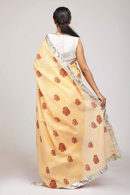 Shop_Anita Kanwal_Yellow Mulmul Cotton Printed Floral Saree _at_Aza_Fashions