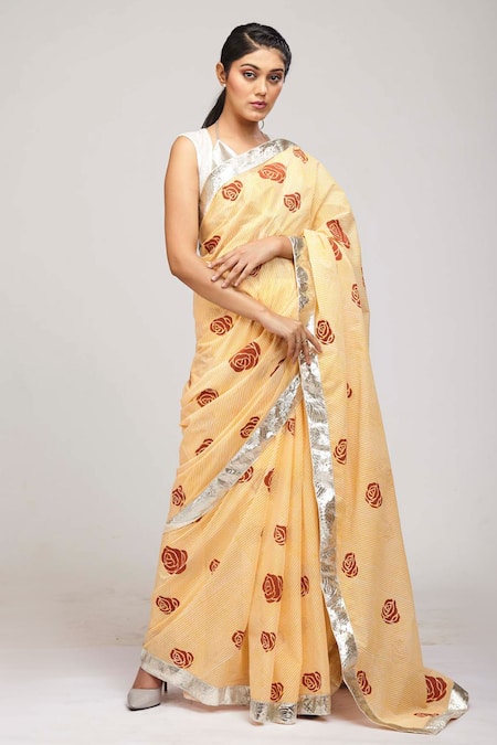 Anita Kanwal_Yellow Mulmul Cotton Printed Floral Saree _Online_at_Aza_Fashions