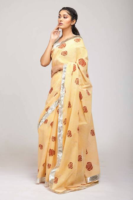 Buy_Anita Kanwal_Yellow Mulmul Cotton Printed Floral Saree _Online_at_Aza_Fashions