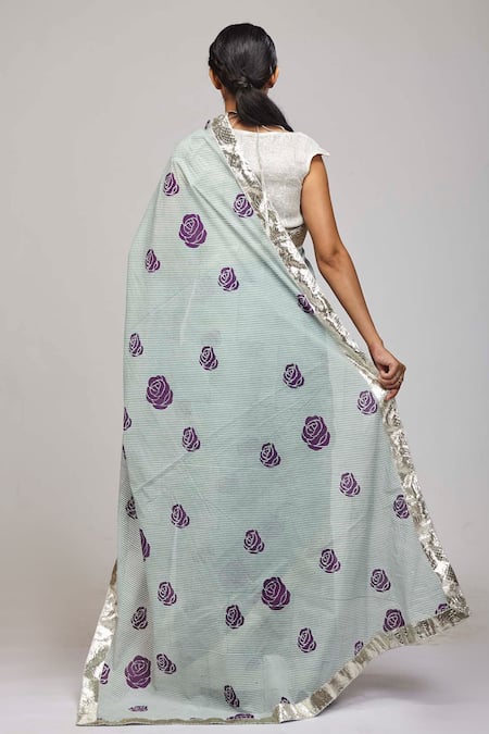 Shop_Anita Kanwal_Green Mulmul Cotton Printed Floral Saree _Online_at_Aza_Fashions