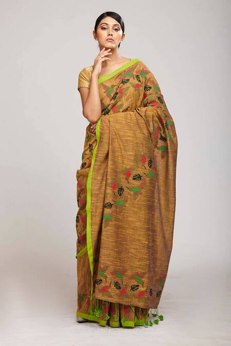 Anita Kanwal_Brown Handloom Cotton Bird Panchi Print Saree_Online_at_Aza_Fashions